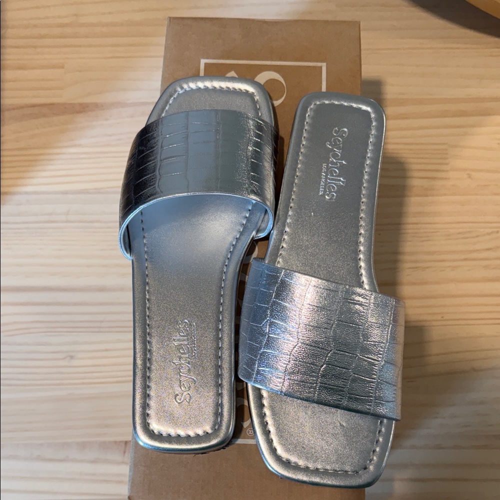 Seychelles metallic croc embossed single strap slides